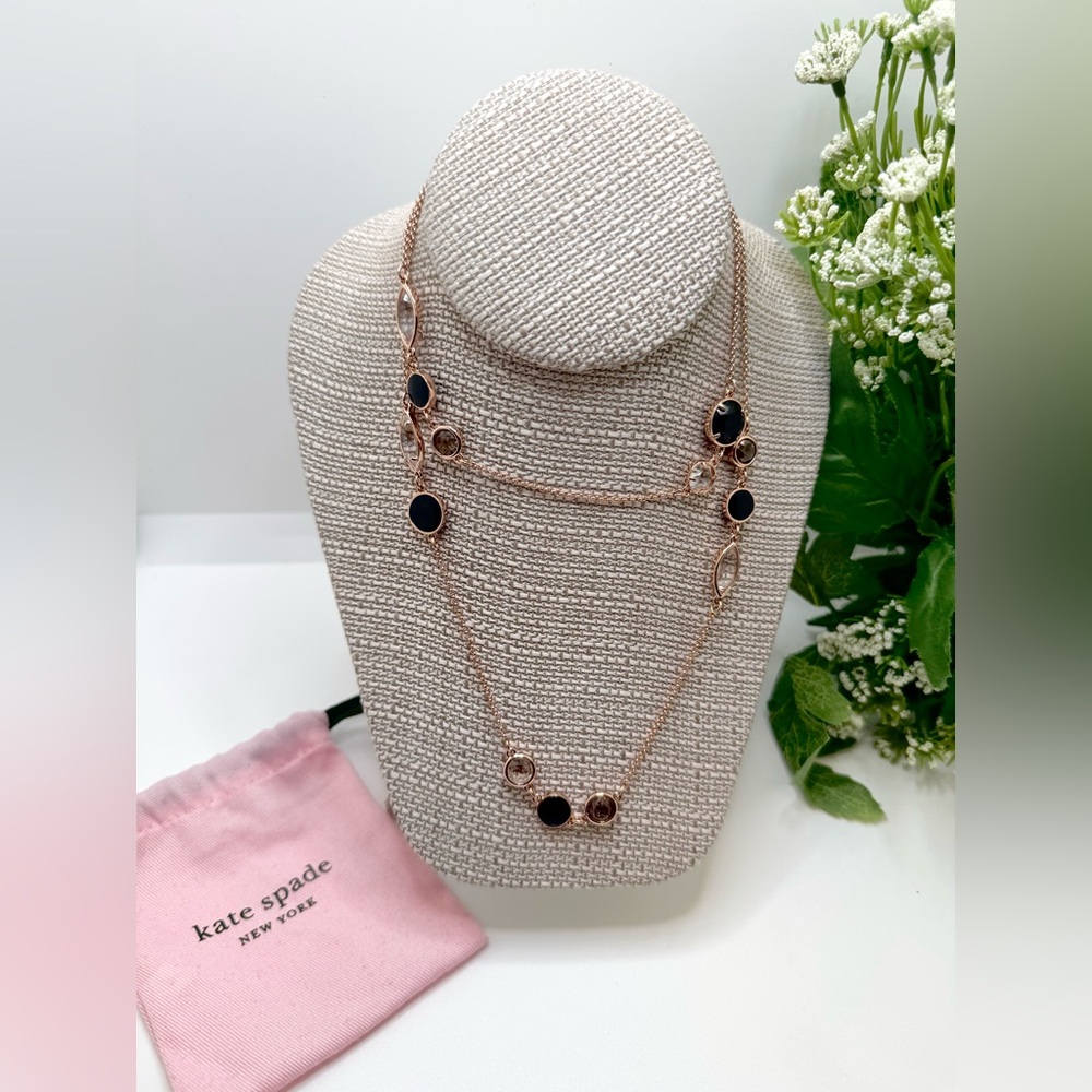Kate Spade Rose Gold Tone Station Crystal & Enamel Necklace‎ 32”